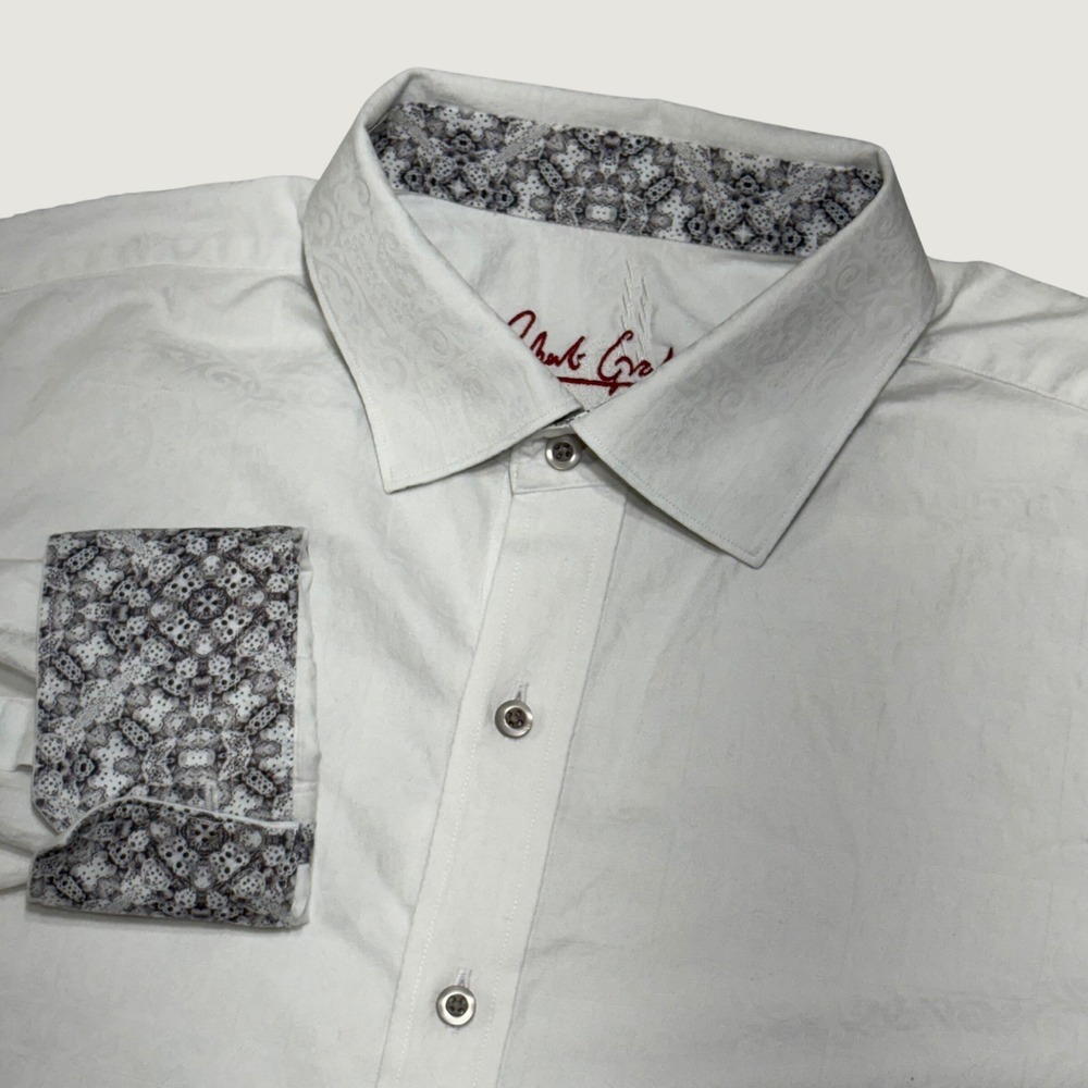 Robert Graham Shirt Mens XL White Paisley Jacquard Contrast Cuff Luxury Designer